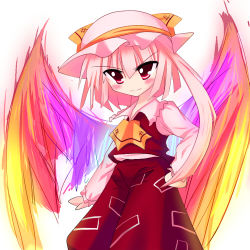 Rule 34 | &gt;:), 1girl, ascot, blonde hair, child, collared shirt, female focus, fiery wings, flandre scarlet, fujiwara no mokou, haiiro (immature), hat, if they mated, lowres, mob cap, pink hair, red eyes, shirt, solo, touhou, v-shaped eyebrows, white hair, wings, yellow ascot