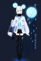 Rule 34 | 1girl, bag, black footwear, black scarf, black shorts, black thighhighs, blue eyes, blue shirt, blush, boots, closed mouth, commentary request, crystal, full body, fur-trimmed boots, fur trim, grey background, head tilt, highres, jacket, juexing (moemoe3345), long hair, long sleeves, looking at viewer, original, puffy long sleeves, puffy sleeves, scarf, shirt, shopping bag, short shorts, shorts, silver hair, solo, standing, thigh boots, thighhighs, transparent, uranus (planet), white jacket