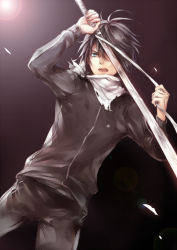 Rule 34 | 10s, 1boy, black background, black hair, blue eyes, male focus, noragami, one eye covered, scarf, short hair, solo, sunlight, sword, track suit, weapon, yato (noragami), zaphylla