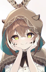 Rule 34 | 1girl, ahoge, blush, bow, breasts, brown bow, brown cloak, brown eyes, brown hair, cleavage, cloak, closed mouth, feather hair ornament, feathers, hair ornament, hairclip, hands on own cheeks, hands on own face, hieroglyphics, highres, hololive, hololive english, hood, hooded cloak, inaba reito, looking at viewer, multicolored hair, nanashi mumei, ponytail, runes, shirt, simple background, smile, solo, streaked hair, virtual youtuber, white background, white shirt