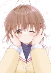 Rule 34 | 1girl, absurdres, antenna hair, blush, brown eyes, brown hair, clannad, closed mouth, commentary request, eyelashes, eyes visible through hair, falling petals, furukawa nagisa, hair between eyes, hair ornament, hairclip, hands on another&#039;s cheeks, hands on another&#039;s face, highres, jacket, looking at viewer, medium hair, one eye closed, paid reward available, petals, pov, pov hands, sailor collar, sakura aki, school uniform, simple background, smile, solo focus, straight-on, upper body, white background, white sailor collar, yellow jacket