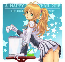 Rule 34 | 10s, 1girl, 2011, blonde hair, game console, gloves, green eyes, highres, hoshii miki, idolmaster, idolmaster (classic), long hair, majorette, newtaro, panties, pantyshot, ponytail, product placement, solo, underwear, xbox 360