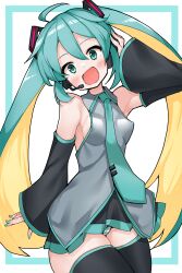 Rule 34 | 1girl, absurdres, ahoge, armpits, bare shoulders, black thighhighs, blue eyes, blue hair, blush, breasts, buta-don, cameltoe, hatsune miku, headphones, highres, long hair, looking at viewer, medium breasts, open mouth, panties, smile, solo, striped clothes, striped panties, thighhighs, twintails, underwear, vocaloid