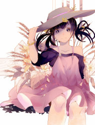 Rule 34 | 1girl, asahina hiyori, black hair, flower, hat, highres, kagerou project, long hair, sakekasu, solo, sun hat, twintails, wheat