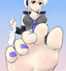 Rule 34 | 1girl, barefoot, blush, boots, feet, foot focus, gradient background, holding, holding shoes, looking at viewer, nail polish, necktie, pov, red eyes, shoes, unworn shoes, soles, steam, toes, white hair, yowane haku