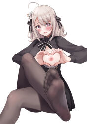 Rule 34 | 1girl, absurdres, ahoge, black dress, black pantyhose, black ribbon, blush, commission, dress, embarrassed, eyelashes, feet, flower, foot focus, foot out of frame, foreshortening, grey hair, hair between eyes, hair flower, hair ornament, hair ribbon, heart, heart-shaped boob challenge, heart-shaped pupils, heart hands, highres, knee up, legs, lily (flower), lily (spy kyoushitsu), long hair, long sleeves, neck ribbon, nipples, no shoes, one breast out, open mouth, pantyhose, pink eyes, puffy long sleeves, puffy sleeves, ribbon, sahara1127, shadow, short dress, sidelocks, simple background, skeb commission, soles, solo, spy kyoushitsu, symbol-shaped pupils, toes, white background, white ribbon