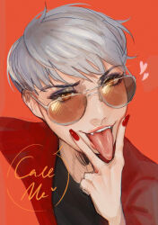 1girl apex_legends aviator_sunglasses black_eyeshadow brown_eyes commentary cunnilingus_gesture english_commentary english_text eyeshadow fangs grey_hair heart highres jacket kitty_keihara looking_at_viewer makeup nail_polish orange-tinted_eyewear red_background red_jacket red_nails short_hair smug solo speech_bubble sunglasses tinted_eyewear tongue tongue_out v v-shaped_eyebrows valkyrie_(apex_legends)