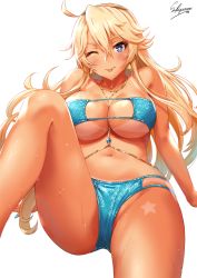 Rule 34 | 1girl, ;), ;p, ahoge, aqua bikini, arm support, artist name, ass, beach, between breasts, bikini, bikini tan, blonde hair, blue eyes, blue gemstone, blue nails, blush, breasts, collarbone, commentary, day, earrings, eyepatch bikini, gem, groin, hair between eyes, highres, iowa (kancolle), jewelry, kantai collection, knee up, large breasts, long hair, looking at viewer, nail polish, navel, one eye closed, sakiyamama, side-tie bikini bottom, sidelocks, signature, simple background, sitting, smile, solo, sparkle, sparkle print, star-shaped pupils, star (symbol), star earrings, stomach, swimsuit, symbol-shaped pupils, tan, tanline, thighs, tongue, tongue out, very long hair, wet, white background