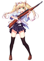 Rule 34 | 1girl, absurdres, azuki azusa, black thighhighs, blonde hair, blue jacket, bolt action, bow, brown footwear, full body, green eyes, gun, hair bow, hentai ouji to warawanai neko., highres, holding, holding gun, holding weapon, jacket, loafers, long hair, looking at viewer, mauser 98, miniskirt, onceskylark, open clothes, open jacket, pleated skirt, rifle, school uniform, scope, shirt, shoes, simple background, skirt, smile, solo, standing, tachi-e, thighhighs, trigger discipline, twintails, weapon, weapon request, white background, white shirt, zettai ryouiki