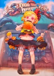Rule 34 | 2girls, asymmetrical wings, black footwear, black hair, black legwear, blonde hair, bloomers, burger, chips (food), closed eyes, cup, disposable cup, employee uniform, english text, fast food, fast food uniform, food, highres, houjuu nue, indoors, loafers, multiple girls, navel, onion rings, open mouth, outdoors, pointy ears, potato chips, rumia, sharp teeth, shoes, short socks, sign, teeth, tentacles, touhou, tube, ufo, underwear, uniform, wings, yst