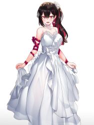 Rule 34 | 1girl, alternate hairstyle, arata, armlet, black hair, blush, bracelet, bride, collarbone, colored inner hair, commentary request, detached collar, dress, earrings, flower, frilled dress, frills, genderswap, genderswap (mtf), hair between eyes, hair flower, hair ornament, hair ribbon, highres, jewelry, lipstick, looking at viewer, makeup, multicolored hair, partial commentary, ponytail, red eyes, red hair, red ribbon, ren (witch&#039;s weapon), ribbon, see-through, simple background, single earring, sleeveless, sleeveless dress, wedding dress, white background, witch&#039;s weapon