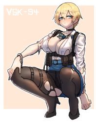 Rule 34 | 1girl, ammunition pouch, arm behind back, belt buckle, black footwear, black pantyhose, blonde hair, blue eyes, blue neckwear, blue ribbon, blue skirt, blush, breasts, buckle, character name, damaged, full body, gintm, girls&#039; frontline, hair between eyes, hand on own knee, harness, high heels, large breasts, ammunition pouch, miniskirt, mole, mole under eye, pantyhose, pencil skirt, pouch, ribbon, shirt, short hair, simple background, skirt, solo, squatting, strap, thigh strap, torn clothes, torn pantyhose, torn shirt, two-tone background, vsk-94 (girls&#039; frontline), white shirt