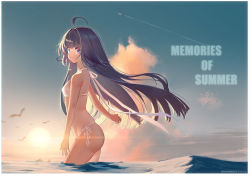 Rule 34 | 1girl, absurdres, ahoge, aircraft, airplane, artist name, bare arms, bare shoulders, bikini, bird, black hair, blue sky, blunt bangs, border, breasts, cloud, contrail, day, english text, from side, halterneck, highres, lens flare, long hair, looking at viewer, looking to the side, ocean, original, outdoors, parted lips, purple eyes, qingli green, ribbon, side-tie bikini bottom, skindentation, sky, small breasts, string bikini, sun, sunlight, swimsuit, very long hair, wading, water, white bikini, white border, white ribbon
