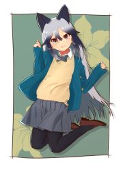 Rule 34 | 10s, 1girl, absurdres, alternate costume, animal ears, bow, bowtie, collared shirt, commentary request, contemporary, earrings, fang, flower, fox ears, full body, grey hair, hair between eyes, highres, jacket, jewelry, jumping, kemono friends, lily (flower), loafers, long hair, long sleeves, multicolored hair, pantyhose, pleated skirt, ponta (matsuokazieg), shirt, shoes, silver fox (kemono friends), skirt, sleeves past wrists, solo, sweater
