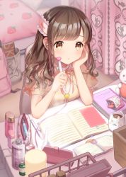 Rule 34 | 1girl, animal print, backpack, bad id, bad pixiv id, bag, bare shoulders, bed, bedroom, book, bottle, brown eyes, brown hair, brown shirt, candle, candy, cat print, chair, commentary request, cup, curtains, desk, earbuds, earphones, elbows on table, expressionless, food, food print, from above, hair ornament, hairclip, hand on own face, heart, heart print, holding, holding pen, homework, indoors, jar, looking to the side, medium hair, notebook, open book, original, pen, pencil case, raglan sleeves, shirt, sitting, solo, strawberry print, utaka (anyoanyot)