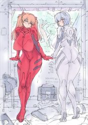 Rule 34 | 2girls, against wall, ass, ass focus, ayanami rei, bag, bed sheet, blue eyes, blue hair, bodysuit, breasts, brick, bucket, covered erect nipples, curvy, female focus, full body, hairpods, highres, hip bones, huge ass, huge breasts, indoors, long hair, looking at viewer, looking back, mogudan, multiple girls, neon genesis evangelion, nipples, no bra, orange hair, plugsuit, puffy areolae, pussy, red bodysuit, red eyes, school bag, shed, shiny skin, short hair, sketch, skin tight, souryuu asuka langley, tally, tissue box, tree, two side up, white bodysuit, wide hips