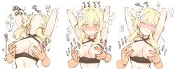 Rule 34 | 1boy, 1girl, arms behind head, blonde hair, blush, breasts, breasts out, closed eyes, closed mouth, criss-cross halter, cropped torso, disembodied hand, flower, genshin impact, groping, hair flower, hair ornament, halterneck, head back, heart, highres, lumine (genshin impact), medium breasts, multiple views, nipple stimulation, nipple tweak, nipples, nose blush, orange eyes, romaji commentary, sbs, short hair with long locks, simple background, solo focus, sound effects, sweat, upper body, white background, white flower