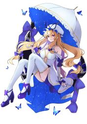 Rule 34 | 1girl, alternate costume, blonde hair, blue butterfly, blue nails, breasts, bridal gauntlets, bug, butterfly, cleavage, closed mouth, commentary request, dress, full body, gap (touhou), high heels, highres, holding, holding umbrella, insect, long hair, medium breasts, off-shoulder dress, off shoulder, parasol, purple eyes, shironeko yuuki, short dress, sidelocks, simple background, smile, solo, thighhighs, touhou, umbrella, very long hair, white background, white bridal gauntlets, white dress, white thighhighs, white umbrella, yakumo yukari