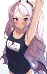Rule 34 | 1girl, absurdres, armpits, arms up, blue archive, blush, collarbone, hair ornament, hairclip, highres, hina (blue archive), hina (swimsuit) (blue archive), horns, looking at viewer, low wings, purple eyes, school swimsuit, silver hair, simple background, solo, swimsuit, wanimaru, wet, white background, wings