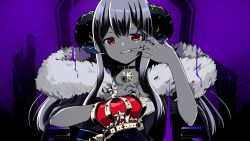 Rule 34 | 1girl, black choker, chinese commentary, choker, ciyana, collarbone, crown, fang, finger to mouth, fur trim, head tilt, highres, horns, ikakun, indie virtual youtuber, king (vocaloid), long hair, looking at viewer, mole, mole under eye, mouth pull, parody, red eyes, sitting, solo, throne, virtual youtuber, vocaloid