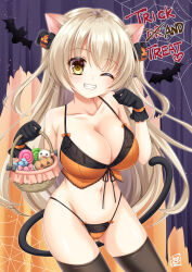 Rule 34 | 1girl, animal ears, basket, bat (animal), blonde hair, blush, bow, breasts, camisole, candy, cat ears, cat tail, cleavage, food, gloves, grin, groin, hair bow, hair ornament, halloween, halterneck, highres, holding, holding basket, jack-o&#039;-lantern, jack-o&#039;-lantern hair ornament, kkurumi, large breasts, lingerie, long hair, microskirt, navel, one eye closed, original, panties, paw pose, see-through, see-through skirt, silk, skirt, smile, solo, spider web, tail, thighhighs, trick or treat, two side up, underwear, very long hair, yellow eyes