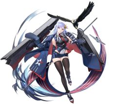 Rule 34 | 1girl, azur lane, bald eagle, bare shoulders, bird, black thighhighs, blue coat, blue eyes, blue gloves, blue hair, clothing cutout, coat, coat on shoulders, eagle, elbow gloves, f6f hellcat, fingerless gloves, flight deck, framed breasts, full body, gloves, highres, long hair, looking at viewer, microskirt, necktie, official art, open clothes, open coat, red necktie, rigging, skindentation, skirt, solo, thighhighs, ticonderoga (azur lane), tomohiro kai, transparent background, underboob cutout, zettai ryouiki