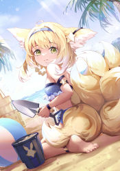 Rule 34 | 1girl, animal ears, anklet, arknights, asc11, ball, bandeau, bare arms, bare shoulders, barefoot, beach, beachball, bikini, blonde hair, blue bikini, blue hairband, blue sky, bucket, chinese commentary, commentary request, day, fox ears, fox tail, hair ornament, hairband, highres, holding, holding shovel, jewelry, multiple tails, outdoors, palm tree, revision, sand castle, sand sculpture, short hair, shovel, sitting, sky, solo, star (symbol), star hair ornament, strapless, strapless bikini, suzuran (arknights), swimsuit, tail, tree, wariza, yellow eyes
