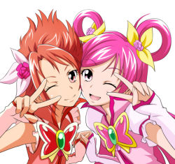 Rule 34 | 00s, 2girls, arm warmers, cheek-to-cheek, cure dream, cure rouge, detached sleeves, double v, dress, fingerless gloves, flower, gloves, hair ornament, half updo, happy, heads together, jabara tornado, long hair, looking at viewer, multiple girls, natsuki rin, one eye closed, open mouth, pink eyes, pink hair, precure, puffy sleeves, red eyes, red hair, shirt, short hair, simple background, smile, spiked hair, v, white background, wink, yes! precure 5, yes! precure 5 gogo!, yumehara nozomi