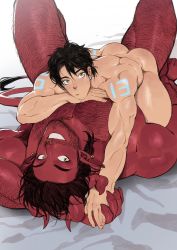 Rule 34 | 2boys, arm hair, ass, bara, brown hair, chest hair, completely nude, demon boy, demon tail, dominique (the devil and s-13), facial hair, hairy, highres, holding hands, horns, leg hair, looking at viewer, male focus, multiple boys, muscular, muscular male, nose piercing, nose ring, nude, piercing, pointy ears, red skirt, size difference, skirt, smile, steen (the devil and s-13), stubble, suyohara, tail, teeth, the devil and s-13, yaoi, yellow eyes