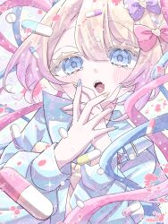 Rule 34 | 1girl, absurdres, ax94gn, blonde hair, blue eyes, blue hair, blue nails, blue shirt, bow, chouzetsusaikawa tenshi-chan, hair bow, hands up, heart, highres, long hair, long sleeves, looking at viewer, multicolored hair, multicolored nails, nail polish, needy girl overdose, open mouth, own hands together, pill, pink bow, pink hair, pink nails, purple bow, quad tails, sailor collar, shirt, solo, upper body, yellow nails
