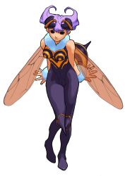 1girl antennae arthropod_girl bad_source bare_shoulders bee_girl bengus breasts darkstalkers extra_eyes full_body highres insect_girl medium_breasts monster_girl no_pupils non-web_source official_art pantyhose photoshop_(medium) purple_eyes purple_hair purple_pantyhose q-bee short_hair smile solo tachi-e vampire_savior:_the_lord_of_vampire white_background wings