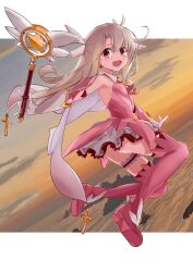 Rule 34 | 1girl, absurdres, armpit peek, ass, bare shoulders, blonde hair, boots, breasts, cape, cross, dot nose, dress, eyebrows hidden by hair, fate/kaleid liner prisma illya, fate (series), feather hair ornament, feathers, female focus, gloves, hair between eyes, hair ornament, highres, holding, illyasviel von einzbern, kebab (blackdoll), latin cross, long hair, looking at viewer, magical girl, magical ruby, open mouth, pink dress, pink footwear, prisma illya, red eyes, shoes, sleeveless, sleeveless dress, small breasts, solo, straight hair, thigh boots, thigh strap, thighhighs, thighs, white gloves