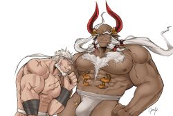 Rule 34 | 2boys, abs, absurdres, bald, bara, beard, bulge, couple, dark-skinned male, dark skin, draph, facial hair, feet out of frame, full beard, fundoshi, ghandagoza, granblue fantasy, hand on own chin, highres, horns, huge eyebrows, japanese clothes, large pectorals, long beard, looking at bulge, male focus, mature male, multiple boys, muscular, muscular male, muscular uke, mustache, mutton chops, navel, nipples, nongnakk, old, old man, pectorals, scar, scar on chest, size difference, smile, soriz, stomach, stroking own chin, strongman waist, sweatdrop, thick beard, thick chest hair, thick eyebrows, thick mustache, thick thighs, thighs, tied beard, twitching penis, white hair, yaoi