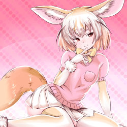 Rule 34 | 10s, 1girl, akegata tobari, animal ears, blonde hair, bow, bowtie, breast pocket, brown eyes, closed mouth, commentary, fennec (kemono friends), fox ears, fox tail, fur trim, hand to own mouth, kemono friends, leaning to the side, miniskirt, pink background, pink shirt, pleated skirt, pocket, shirt, shirt pocket, short-sleeved sweater, short hair, short sleeves, sitting, skirt, smile, solo, sweater, tail, thighhighs, thighs, white skirt, yellow bow, yellow bowtie, yellow thighhighs