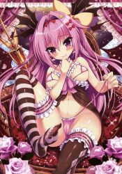 Rule 34 | 1girl, absurdres, akabane (zebrasmise), babydoll, bare shoulders, blush, bow, bra, breasts, bridal garter, brown thighhighs, cameltoe, chair, choker, closed mouth, cowboy shot, eyelashes, fangs, feet, fingernails, flower, frilled bra, frilled panties, frilled thighhighs, frills, hair between eyes, hair bow, hair intakes, hair ornament, hairclip, hand to own mouth, hand up, highres, holding, lance, large breasts, leg up, lingerie, long fingernails, long hair, melonbooks, micro bra, no shoes, original, panties, polearm, purple bra, purple eyes, purple hair, purple panties, purple ribbon, red bow, ribbon, rose, scan, side-tie panties, sitting, smile, solo, striped clothes, striped thighhighs, thighhighs, toes, underwear, underwear only, untied panties, weapon, yellow bow