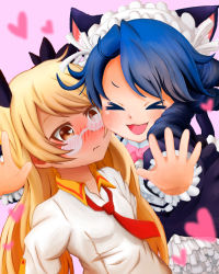 Rule 34 | &gt; &lt;, 10s, 2girls, :d, > <, animal ears, black hair, blonde hair, blush, cat ears, cheek-to-cheek, closed eyes, curly hair, cyan (show by rock!!), glasses, hair ribbon, hairband, heads together, heart, highres, long hair, multiple girls, necktie, open mouth, pedo maji, red necktie, retoree (show by rock!!), ribbon, short hair, show by rock!!, simple background, smile, twintails, very long hair, xd, yuri