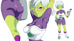 Rule 34 | 1girl, alien, armor, ass, ass focus, belt, bodysuit, breastplate, breasts, cheelai, colored skin, dragon ball, dragon ball super, dragon ball super broly, gloves, green skin, grin, holding, holding weapon, large breasts, lips, looking at viewer, motor vehicle, multiple views, no humans, pink eyes, rom (20), scooter, shiny clothes, short hair, simple background, smile, weapon, white background, white hair
