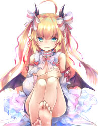 Rule 34 | 1girl, absurdres, ahoge, artist request, blonde hair, blush, character request, covering breasts, covering privates, demon wings, detached sleeves, dress, embarrassed, feet, green eyes, highres, horns, kanpani girls, looking at viewer, nervous, soles, sweat, torn clothes, twintails, white background, wings