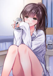 Rule 34 | 1girl, asymmetrical bangs, bedroom, beer can, blush, brown eyes, brown hair, can, collared shirt, commentary request, drink can, elbows on knees, feet out of frame, highres, holding, holding can, long hair, long sleeves, looking at viewer, medium bangs, original, panties, shirt, side-tie panties, side ponytail, sitting, smile, thighs, tinkle2013, underwear, white shirt