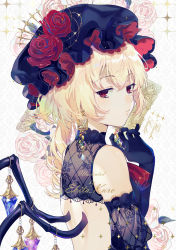Rule 34 | 1girl, artist name, ascot, back cutout, bare shoulders, birdcage, black gloves, black hat, blonde hair, breasts, cage, character name, clothing cutout, commentary request, crystal, detached sleeves, earrings, ekita kuro, fishnets, flandre scarlet, flower, gloves, hair between eyes, hand up, hat, hat flower, highres, jewelry, looking at viewer, mob cap, one side up, pink flower, pink rose, red ascot, red eyes, red flower, red rose, rose, small breasts, solo, touhou, upper body, white background, wings
