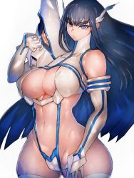Rule 34 | 1girl, asymmetrical clothes, black hair, blue eyes, breasts, cleavage, covered erect nipples, determined, elbow gloves, eyebrows, eyebrows hidden by hair, fumio (rsqkr), gloves, high collar, highres, impossible clothes, junketsu, kamui (kill la kill), kill la kill, kiryuuin satsuki, large breasts, long hair, looking at viewer, navel, nipples, pout, revealing clothes, sidelocks, solo, thick eyebrows, thighhighs, white background, white gloves, white thighhighs, wide hips