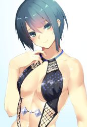 Rule 34 | 1girl, aqua eyes, black one-piece swimsuit, blue background, blue hair, blush, breasts, casual one-piece swimsuit, center opening, cleavage, closed mouth, collarbone, commentary request, dead or alive, gradient background, hand on own chest, highres, looking at viewer, medium breasts, nishisan (mikurosu), one-piece swimsuit, short hair, smile, solo, swimsuit, tamaki (doa), toned, upper body