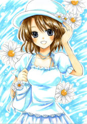 Rule 34 | 1girl, breasts, brown hair, dress, female focus, flower, hat, maekawa suu, shannon (umineko), solo, umineko no naku koro ni