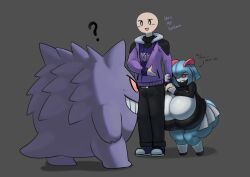 Rule 34 | 1girl, 2boys, absurdres, alternate color, black pants, black sweater, blue hair, blue skin, breasts, colored skin, creatures (company), english text, full body, game freak, gen 1 pokemon, gen 3 pokemon, gengar, gigantic breasts, gipehtyboo, grey background, hair over one eye, highres, holding hands, jacket, kirlia, knees together feet apart, multiple boys, nintendo, pants, pokemon, purple jacket, scared, shiny pokemon, shiny skin, short hair, shortstack, size difference, skirt, standing, sweater, thick thighs, thighs, white skin, wide hips