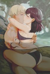 Rule 34 | 1boy, 1girl, bikini, black bikini, blonde hair, commission, commissioner upload, couple, forest, hetero, highres, hug, implied sex, kiss, muscular, muscular male, mutual hug, nature, partially submerged, partially underwater shot, red hair, river, rwby, summer rose, swimsuit, taiyang xiao long, underwater, wangxiii