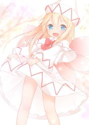 Rule 34 | bare legs, blonde hair, blue eyes, bow, bowtie, capelet, cherry blossoms, clothes lift, dress, dress lift, fairy wings, flower, hair between eyes, hat, highres, lifted by self, lily white, long hair, long sleeves, looking at viewer, open mouth, red bow, red bowtie, sakurea, smile, solo, standing, touhou, white dress, white hat, wide sleeves, wings