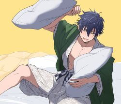 Rule 34 | 1boy, bed sheet, blue hair, blush, ensemble stars!, fangs, hair between eyes, hakama, highres, holding, holding pillow, japanese clothes, light smile, looking to the side, male focus, obi, one eye closed, open clothes, open mouth, open shirt, pectorals, pillow, pillow fight, pillow grab, sash, sazanami jun, short hair, simple background, solo, toroi (run01211), upper body, yellow background, yellow eyes