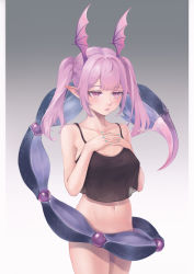 Rule 34 | 1girl, absurdres, arknights, bottomless, commentary request, gradient background, grey background, head wings, highres, interlocked fingers, long hair, manticore (arknights), own hands together, pink eyes, pink hair, pointy ears, scorpion tail, solo, standing, stomach, tail, thighs, twintails, white background, wings, yinghuahua