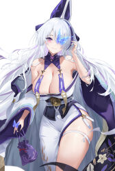 Rule 34 | 1girl, absurdres, ano (madoka23), azur lane, breasts, bug, butterfly, cleavage, curvy, dress, hair over one eye, highres, insect, large breasts, long hair, looking at viewer, multicolored hair, one eye covered, purple eyes, simple background, smile, solo, thick thighs, thighs, unzen (azur lane), white background, white hair