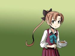 Rule 34 | 10s, 1girl, akigumo (kancolle), black ribbon, bowl, brown hair, chopsticks, eating, food, food in mouth, food on face, gradient background, green background, green eyes, hair ribbon, kantai collection, ponytail, ribbon, sixten, solo